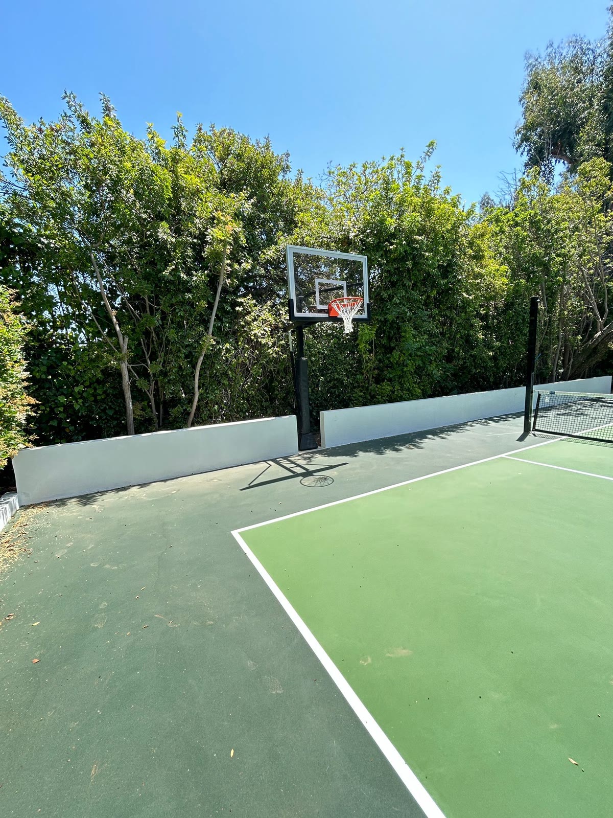 Green sport court detail with hoop and tree-lined border