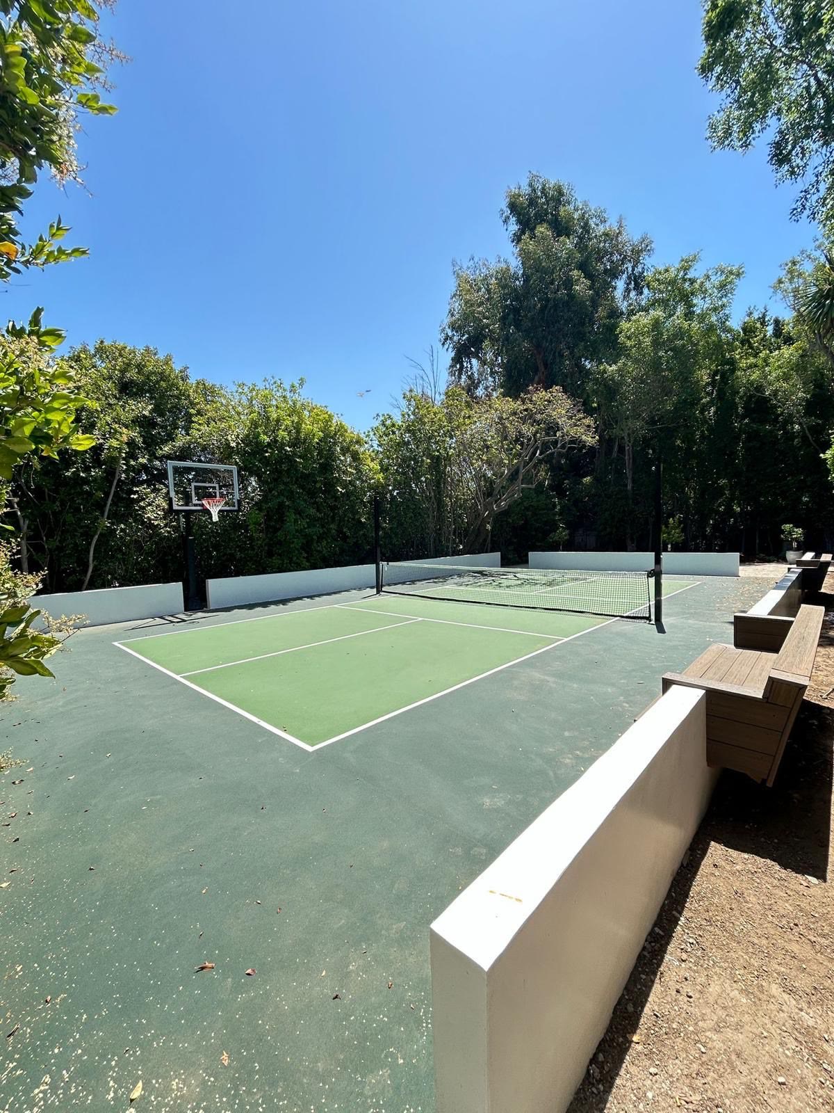 Green tennis-style sport court bordered by trees and bench seating