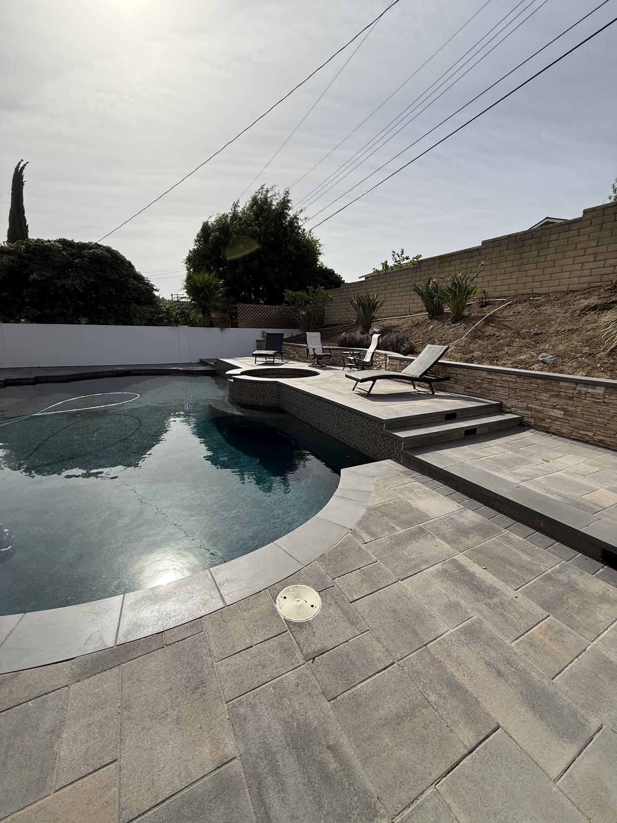 Freeform pool with raised paver patio and lounge area
