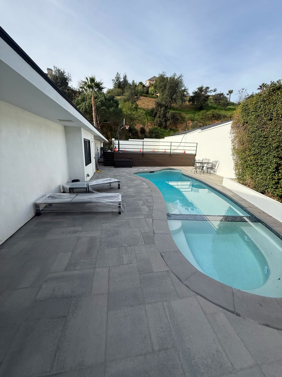 Freeform pool with paver deck and hillside view
